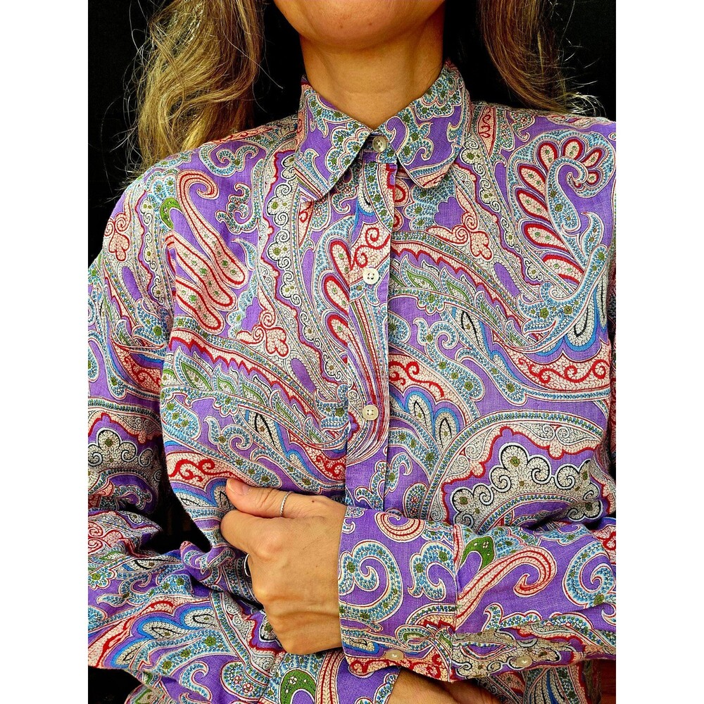 Ralph Lauren Linen Blouse Women's S Multicolor Paisley Collared Button-Up